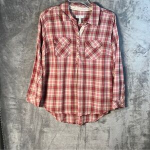 Dressbarn Red Plaid Lace-Trimmed Shirt
